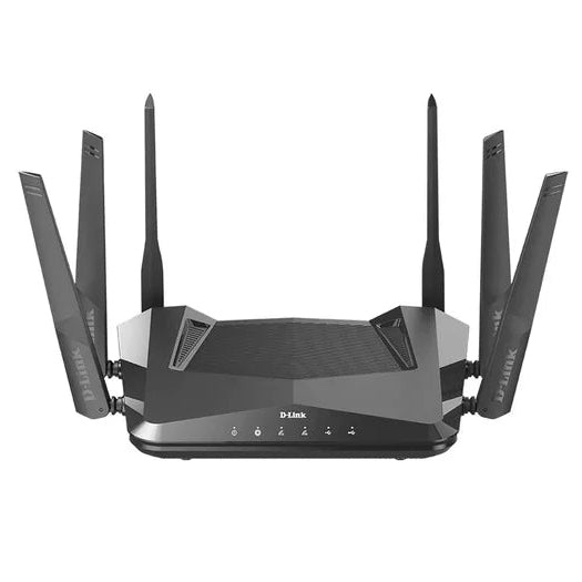 A black multi-antenna wireless router with six antennas, shown from a front-facing perspective on a solid white background.